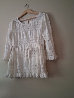Free People White Smocked Crochet Peasant Top